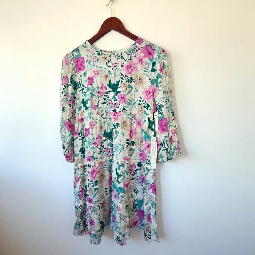 June & Hudson Babydoll Dress - Pink Teal Floral Print - Size Small 2